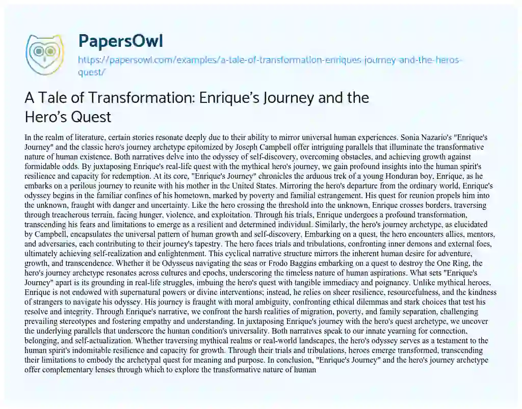 Essay on A Tale of Transformation: Enrique’s Journey and the Hero’s Quest
