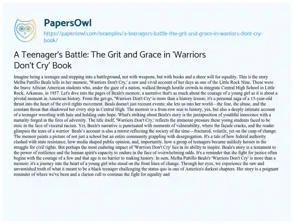 Essay on A Teenager’s Battle: the Grit and Grace in ‘Warriors don’t Cry’ Book