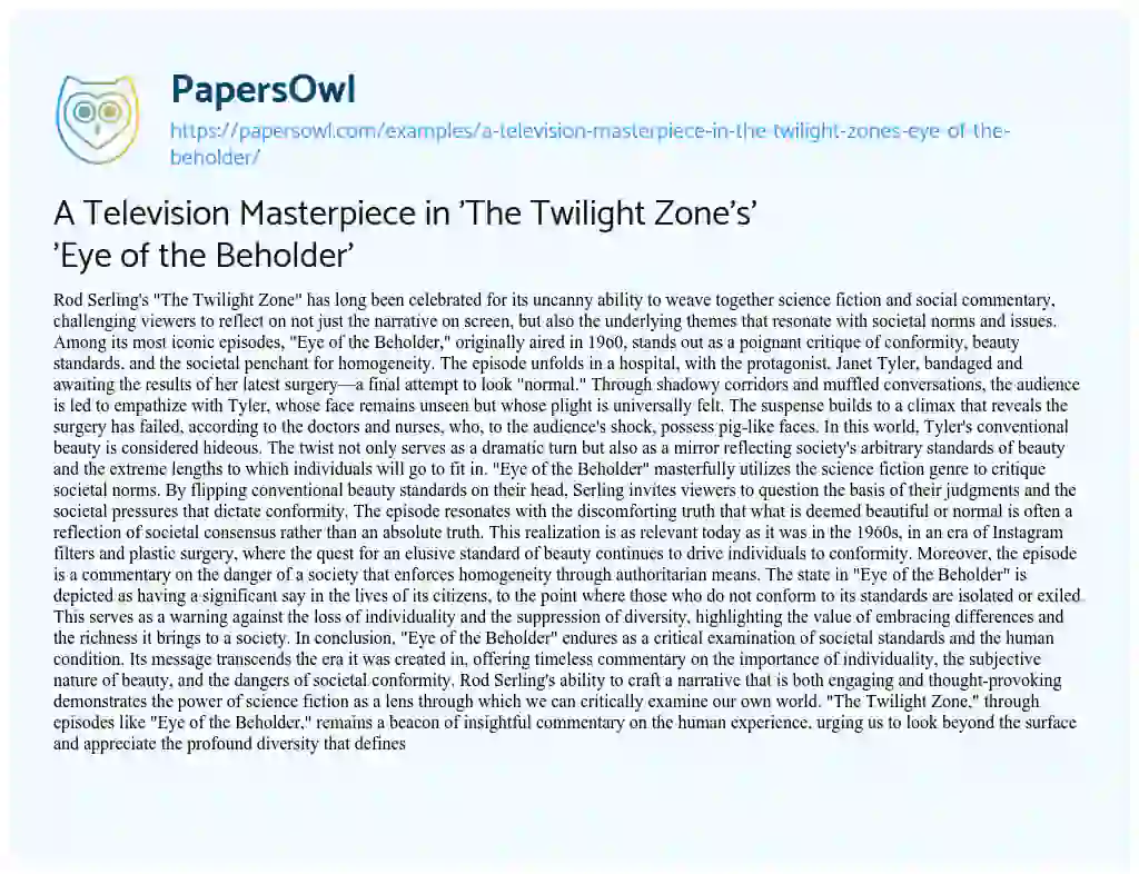 Essay on A Television Masterpiece in ‘The Twilight Zone’s’ ‘Eye of the Beholder’