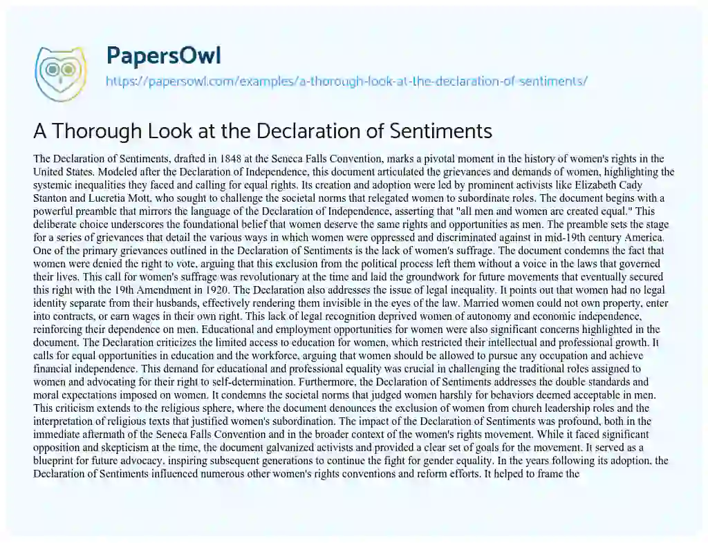 Essay on A Thorough Look at the Declaration of Sentiments