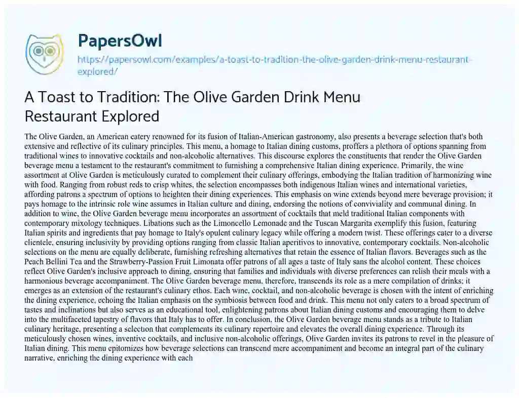 Essay on A Toast to Tradition: the Olive Garden Drink Menu Restaurant Explored