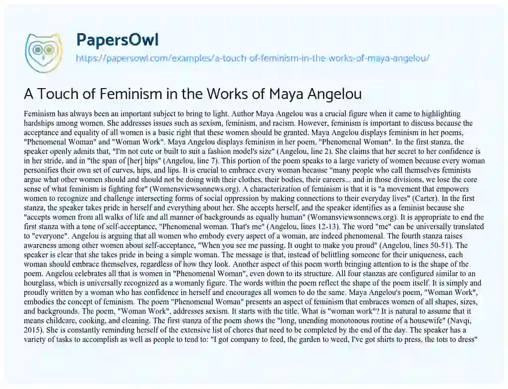Essay on A Touch of Feminism in the Works of Maya Angelou