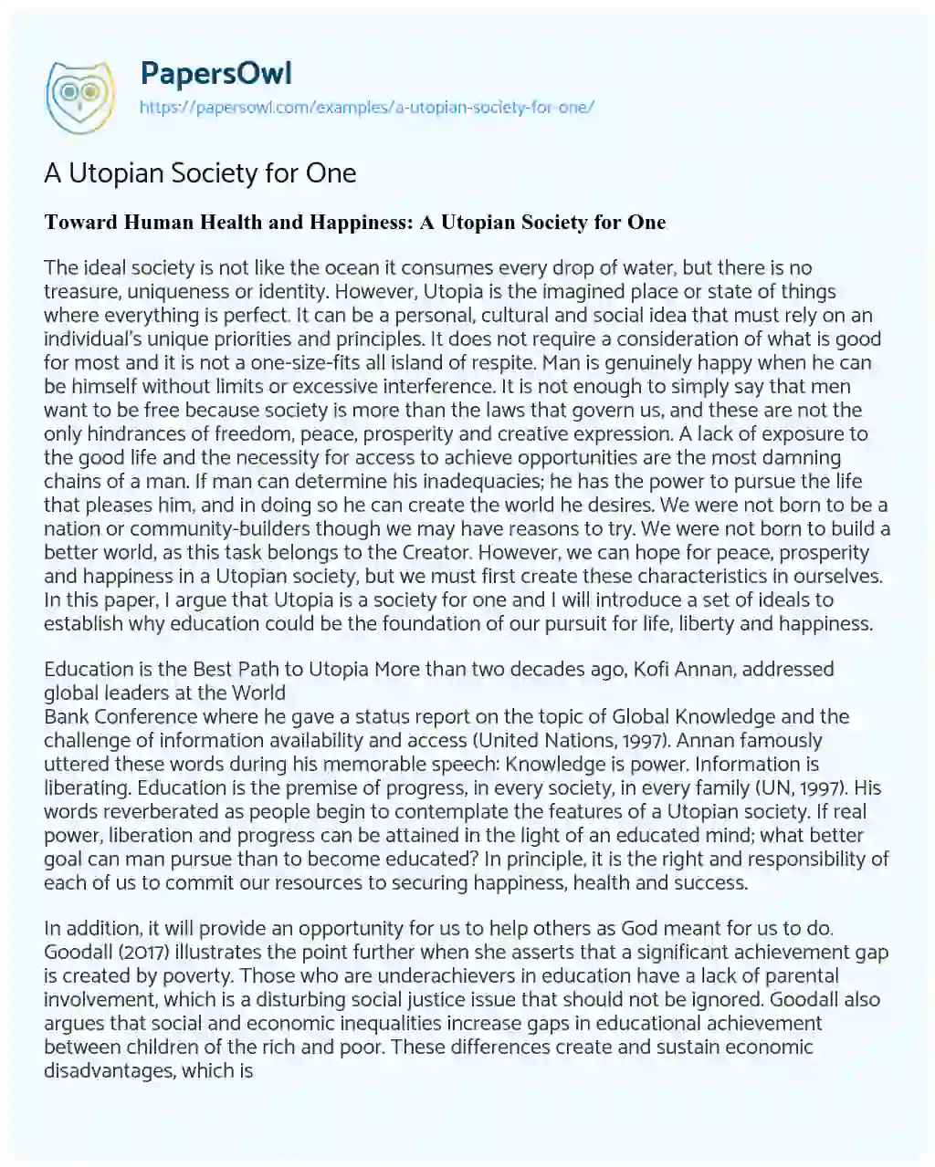 Essay on A Utopian Society for One