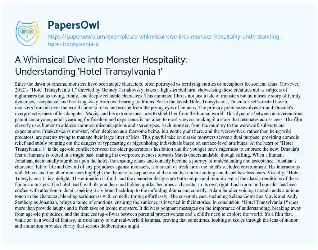 Essay on A Whimsical Dive into Monster Hospitality: Understanding ‘Hotel Transylvania 1’