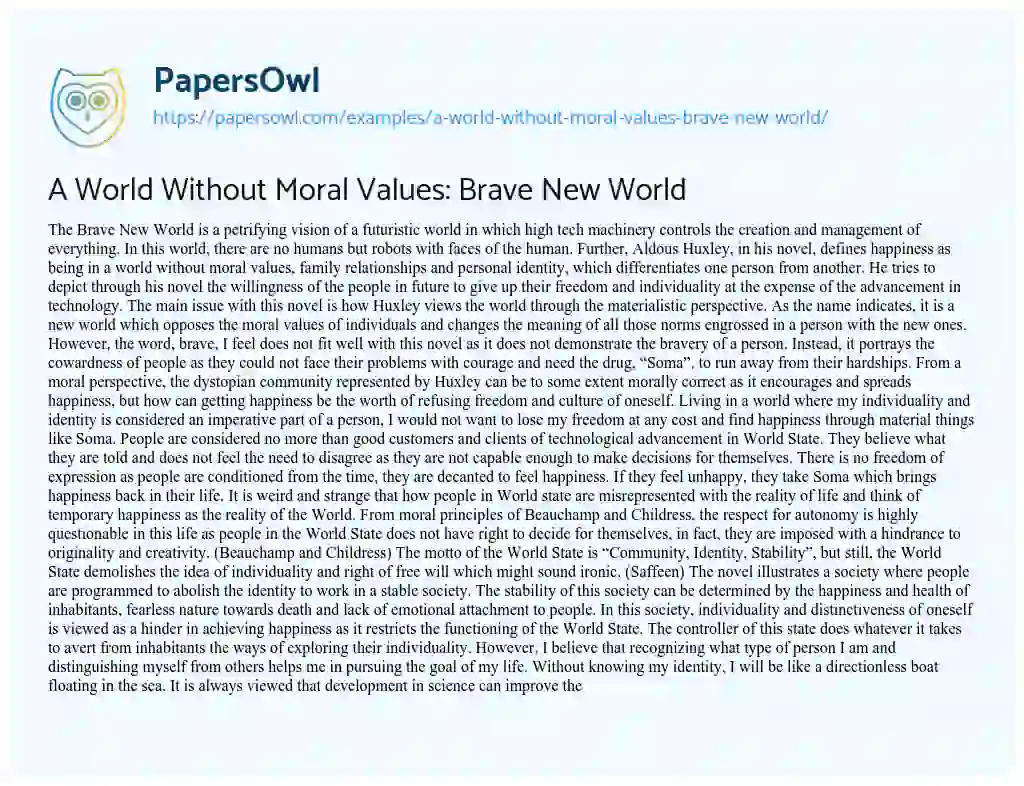 Essay on A World Without Moral Values: Brave New World