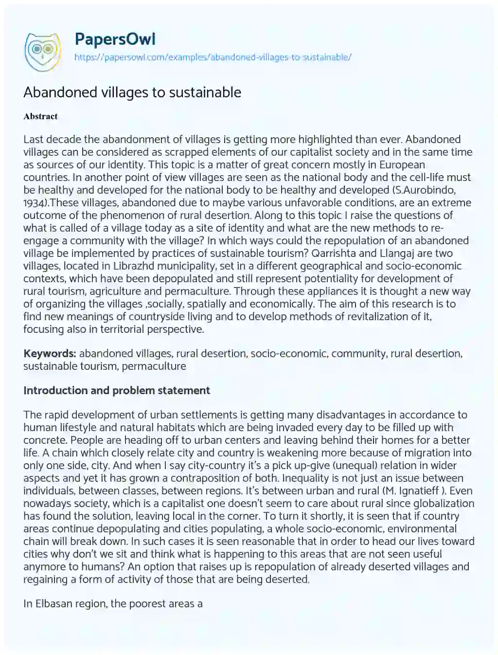 Essay on Abandoned Villages to Sustainable