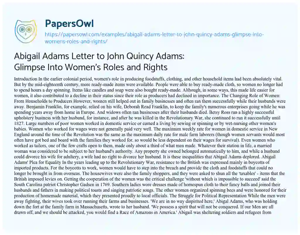 Essay on Abigail Adams Letter to John Quincy Adams: Glimpse into Women’s Roles and Rights