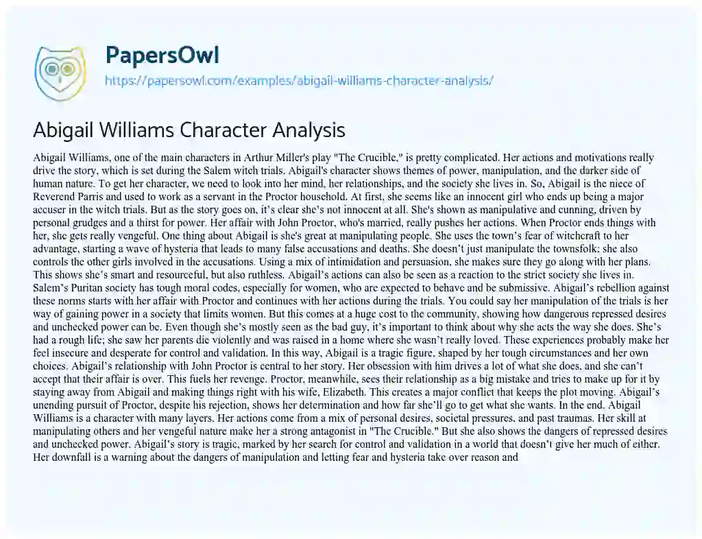 Essay on Abigail Williams Character Analysis