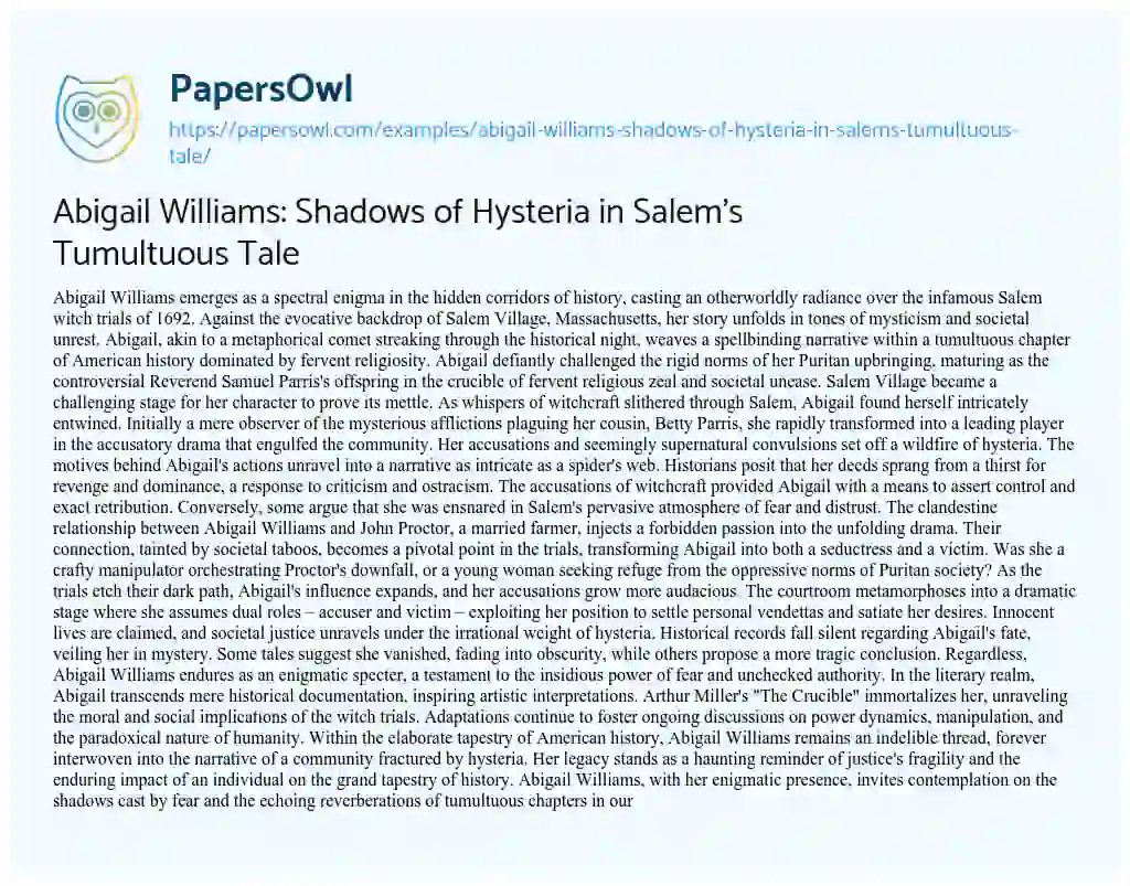 Essay on Abigail Williams: Shadows of Hysteria in Salem’s Tumultuous Tale