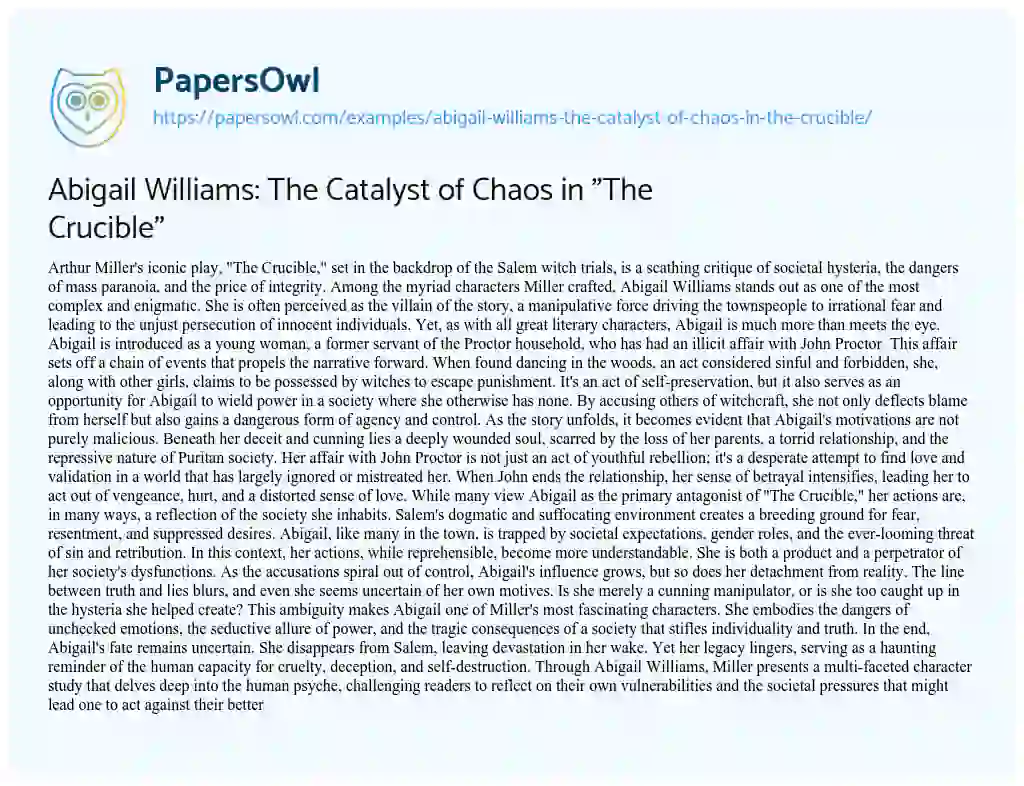 Essay on Abigail Williams: the Catalyst of Chaos in “The Crucible”