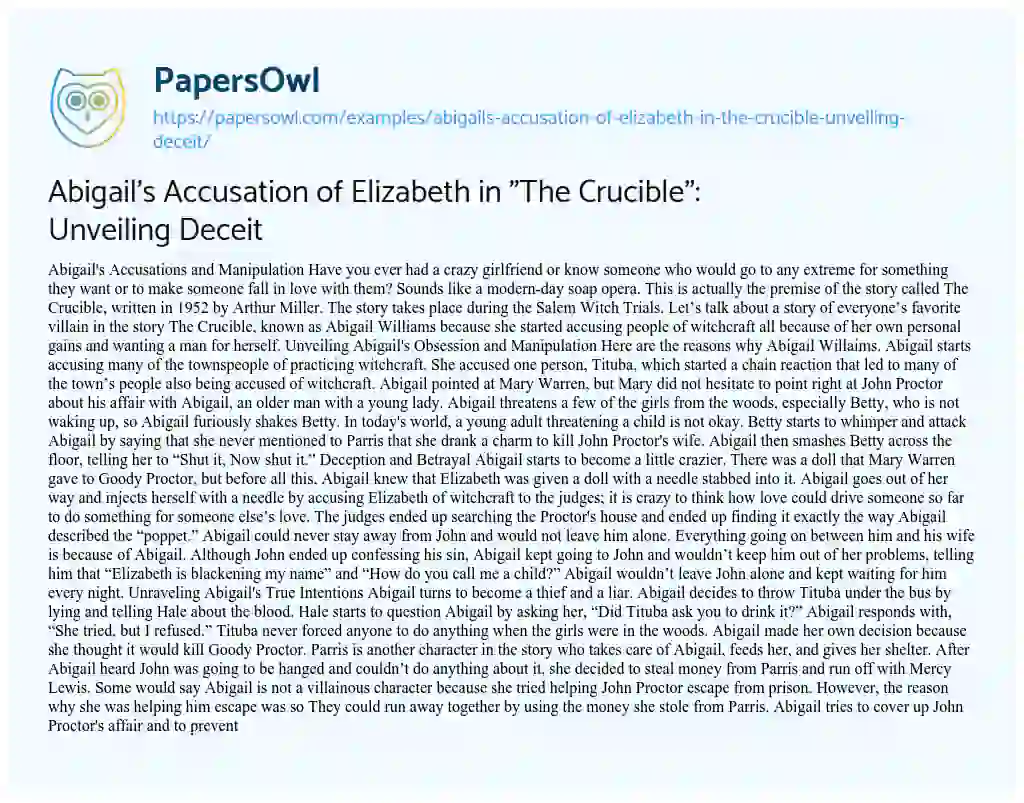 Essay on Abigail’s Accusation of Elizabeth in “The Crucible”: Unveiling Deceit