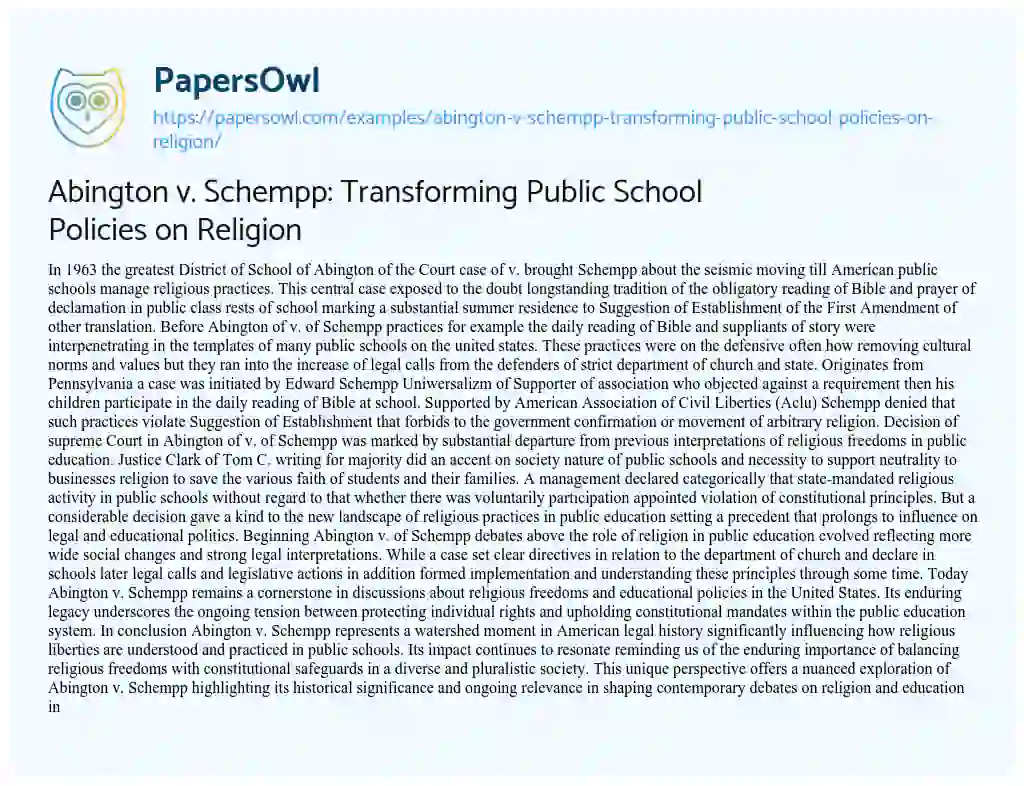 Essay on Abington V. Schempp: Transforming Public School Policies on Religion