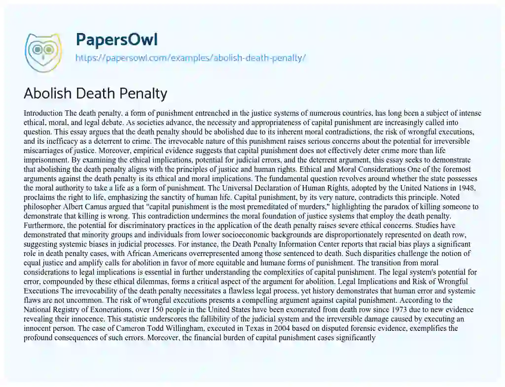 Essay on Abolish Death Penalty