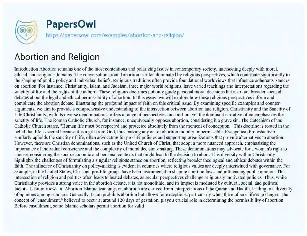 Essay on Abortion and Religion