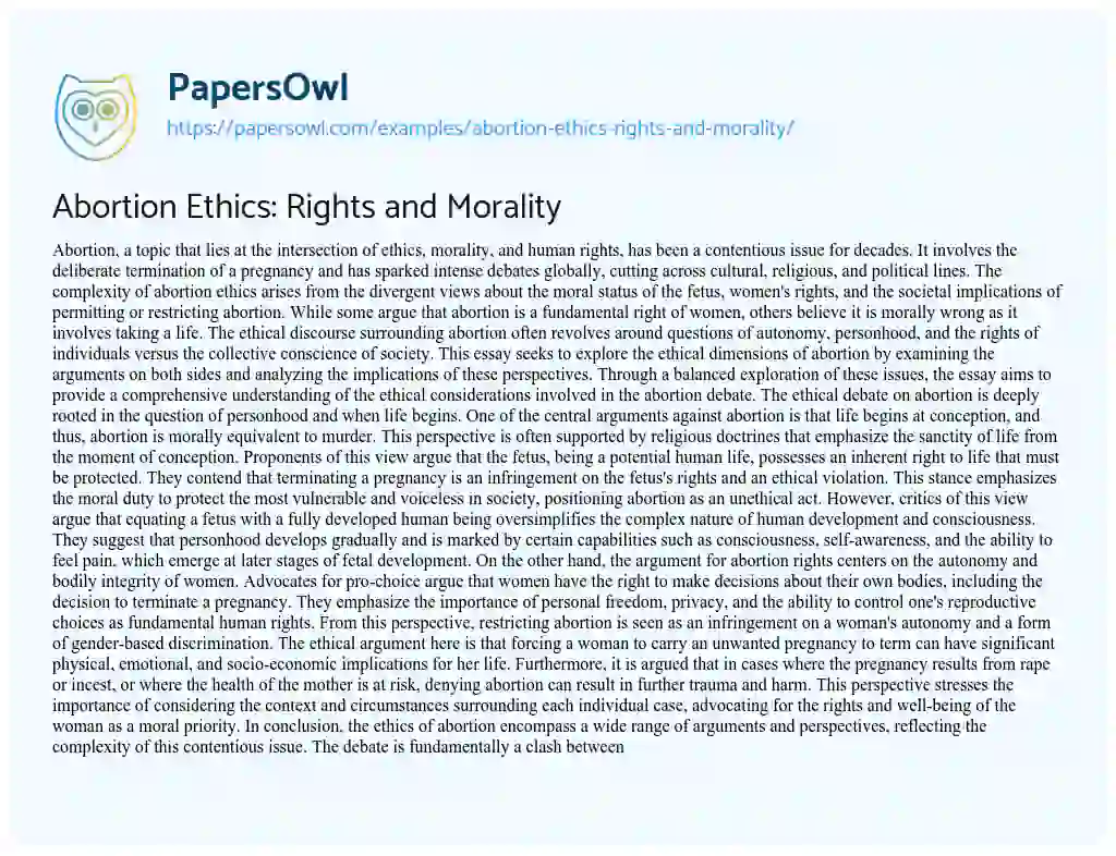 Essay on Abortion Ethics: Rights and Morality