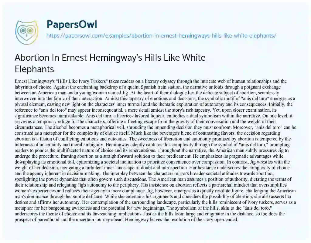 Essay on Abortion in Ernest Hemingway’s Hills Like White Elephants