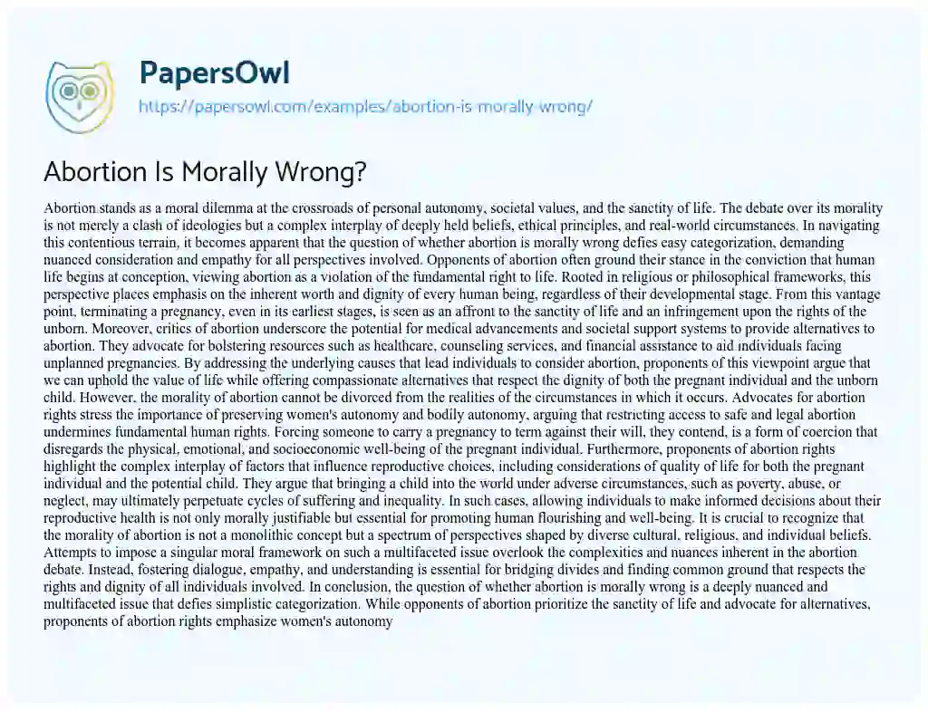 Essay on Abortion is Morally Wrong?