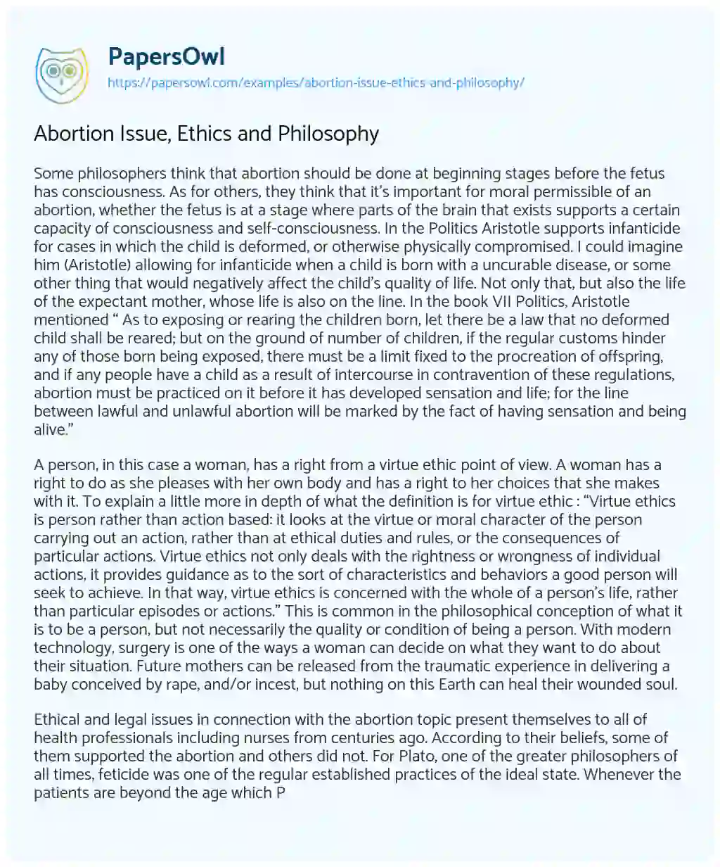 Essay on Abortion Issue, Ethics and Philosophy