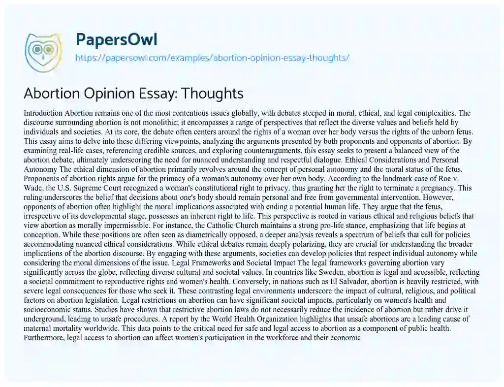 Essay on Abortion Opinion Essay: Thoughts