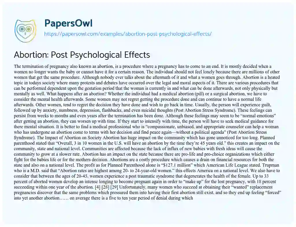 Essay on Abortion: Post Psychological Effects