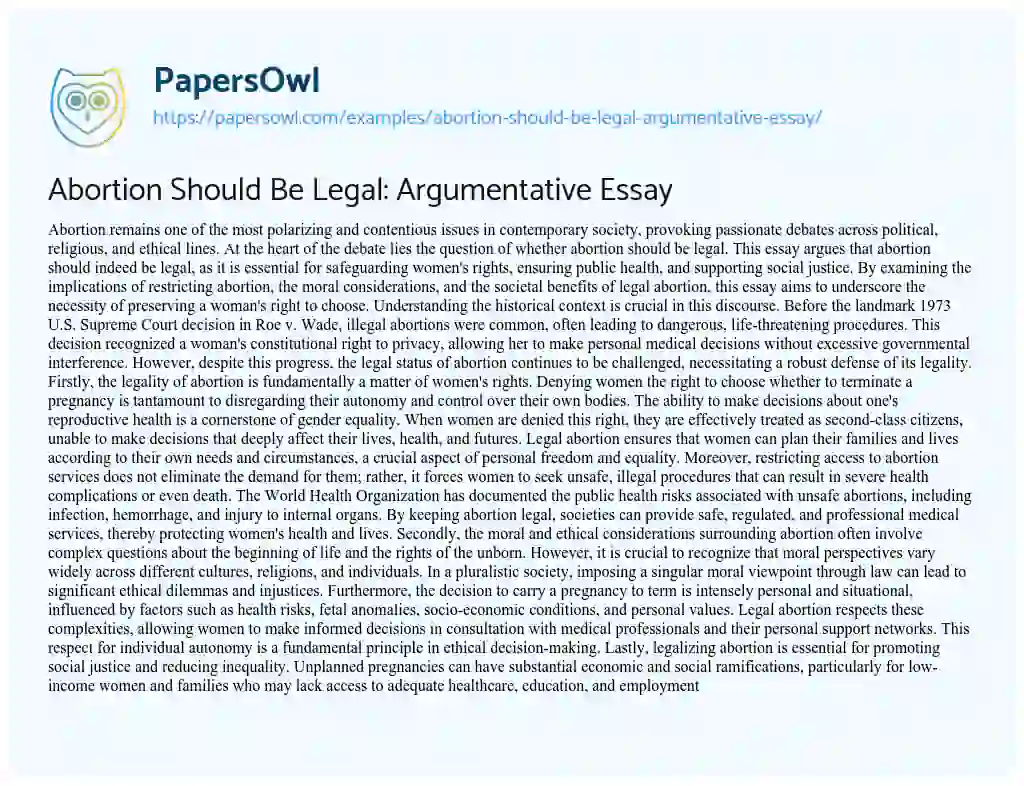 Essay on Abortion Should Be Legal: Argumentative Essay