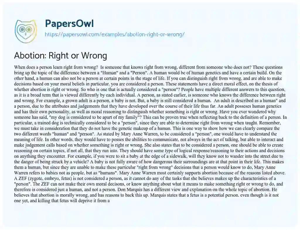 Essay on Abotion: Right or Wrong