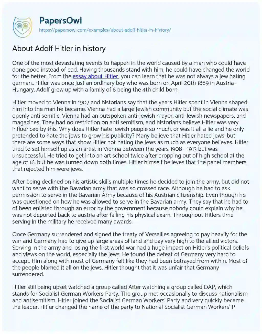 About Adolf Hitler in History essay