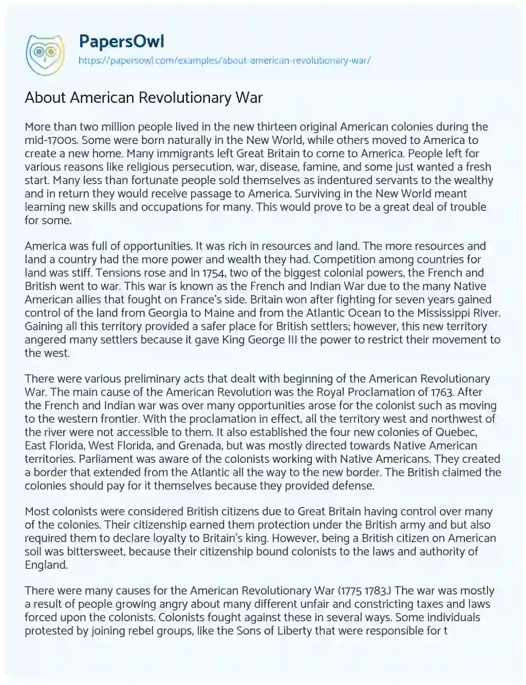 Essay on About American Revolutionary War
