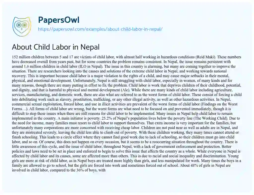 Essay on About Child Labor in Nepal