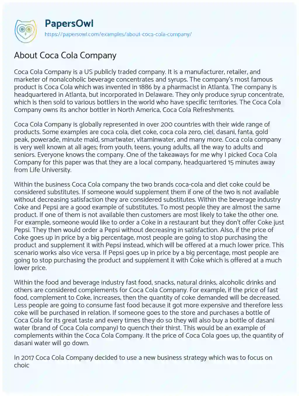 About Coca Cola Company essay