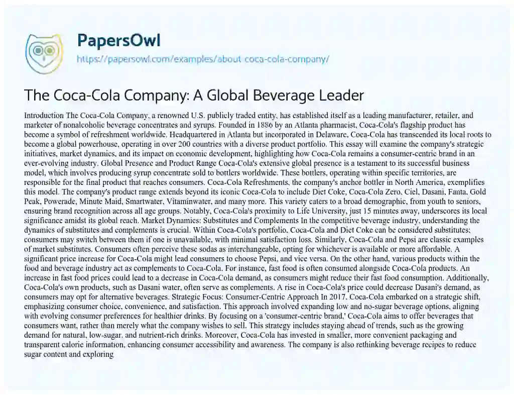 Essay on About Coca Cola Company