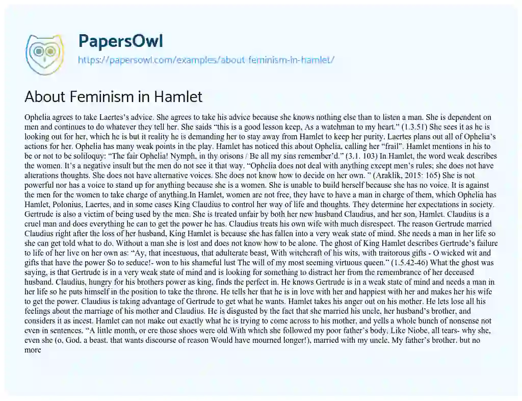 About Feminism in Hamlet essay