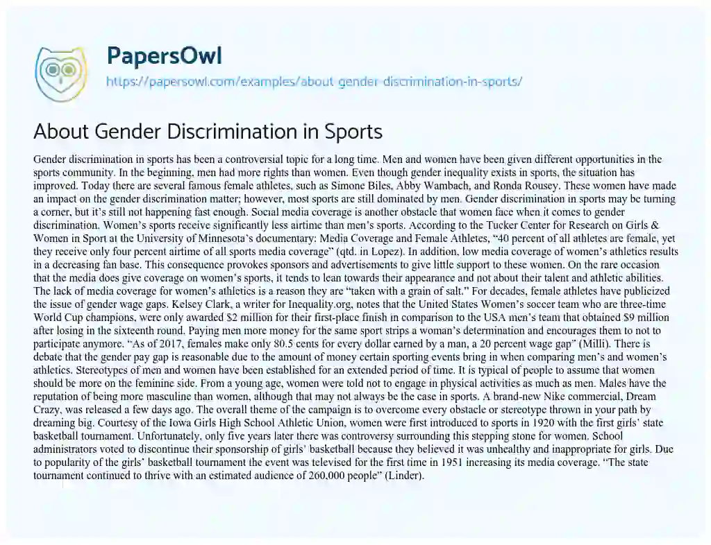 Essay on About Gender Discrimination in Sports