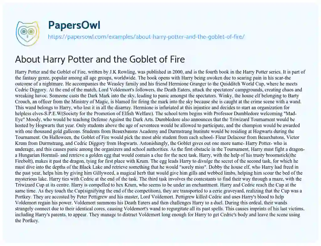Essay on About Harry Potter and the Goblet of Fire