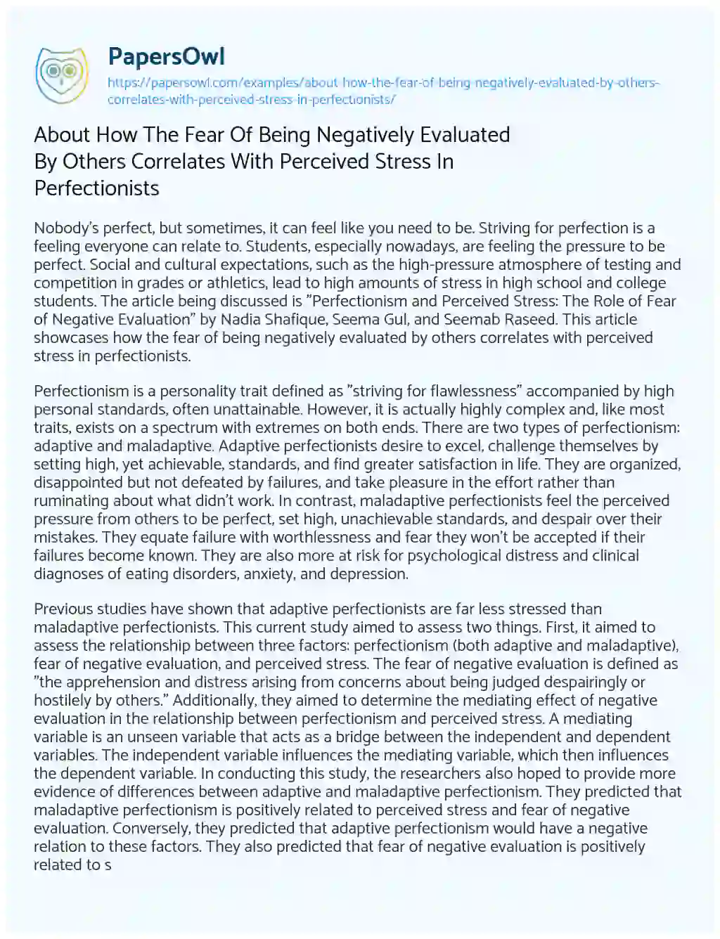 Essay on About how the Fear of being Negatively Evaluated by Others Correlates with Perceived Stress in Perfectionists