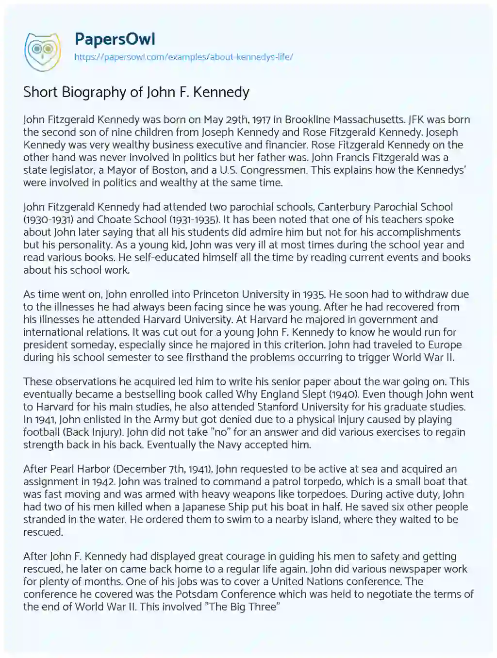 Essay on Short Biography of John F. Kennedy