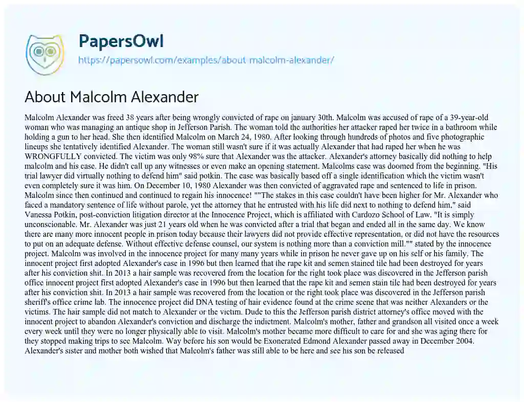 Essay on About Malcolm Alexander