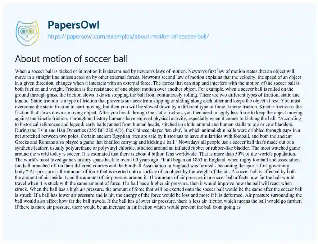 Essay on About Motion of Soccer Ball