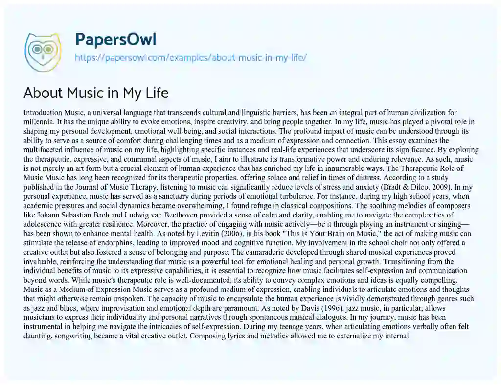 Essay on About Music in My Life