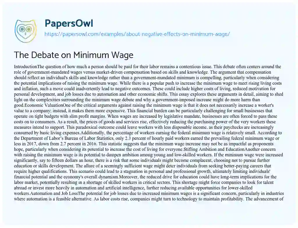 Essay on About Negative Effects on Minimum Wage