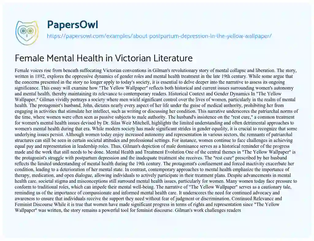 Essay on About Postpartum Depression in the Yellow Wallpaper