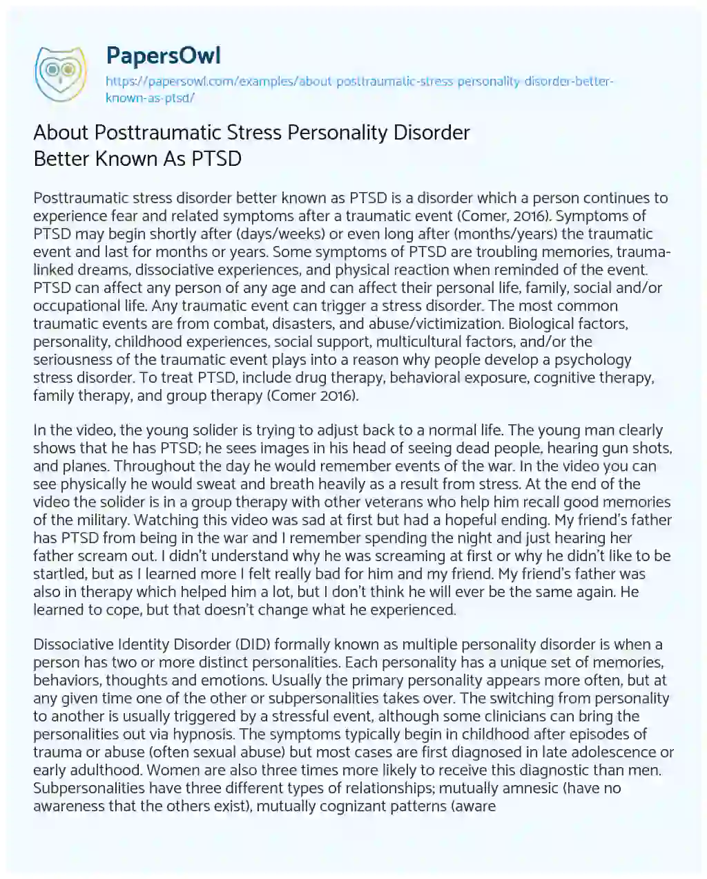Essay on About Posttraumatic Stress Personality Disorder Better Known as PTSD