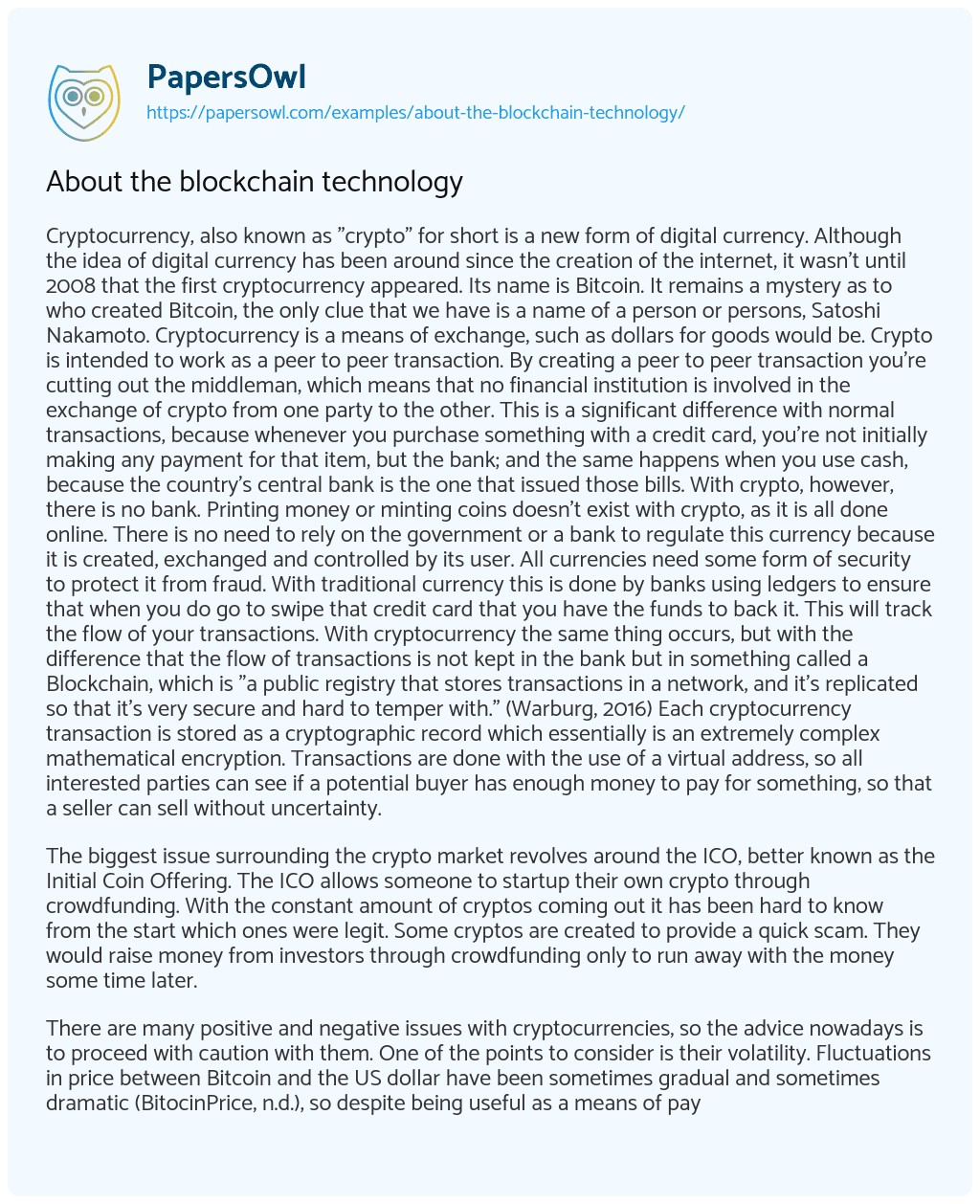 Essay on About the Blockchain Technology