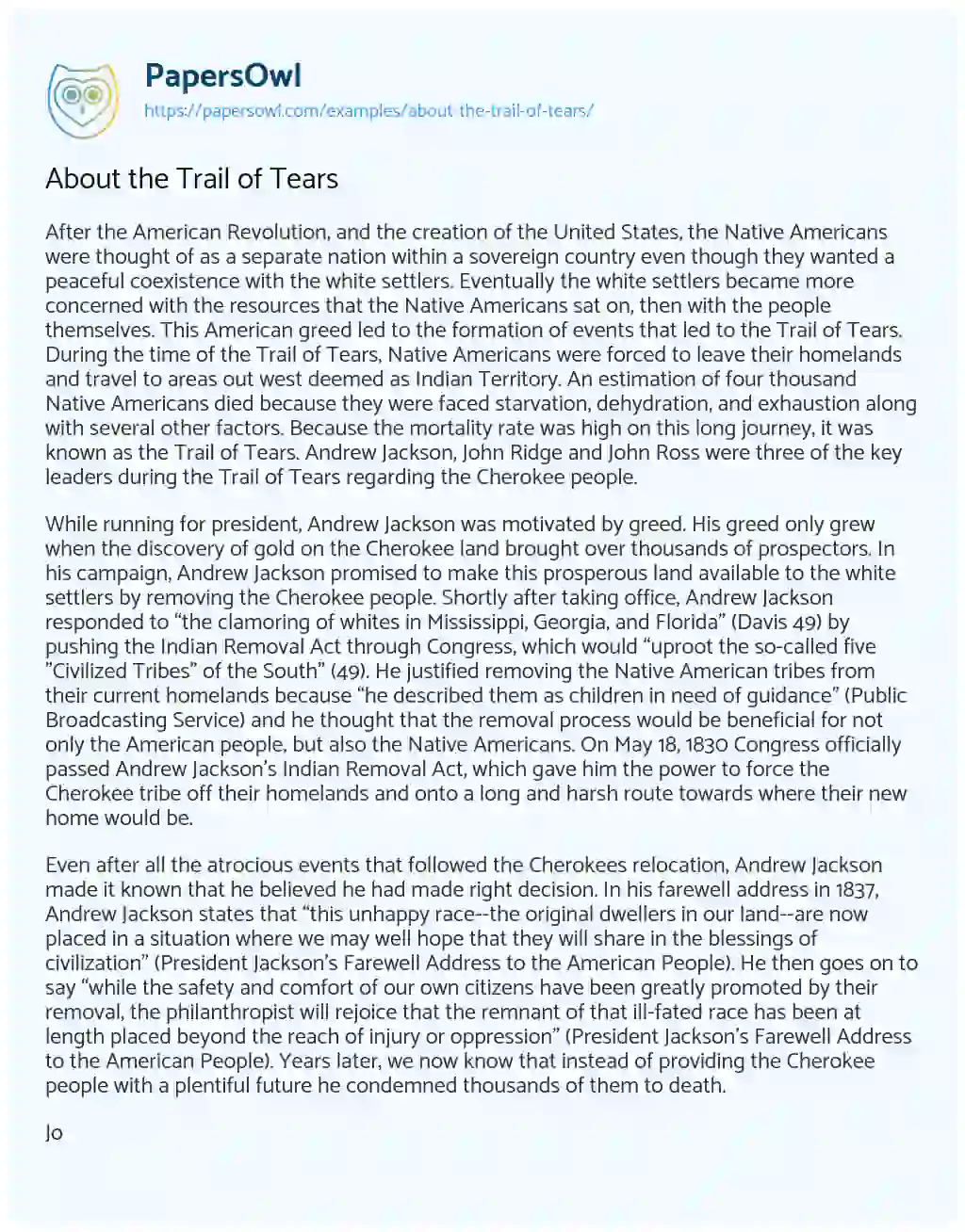 Essay on About the Trail of Tears