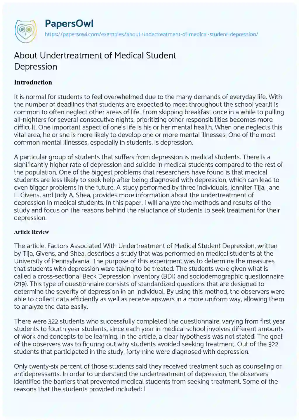 About Undertreatment of Medical Student Depression essay