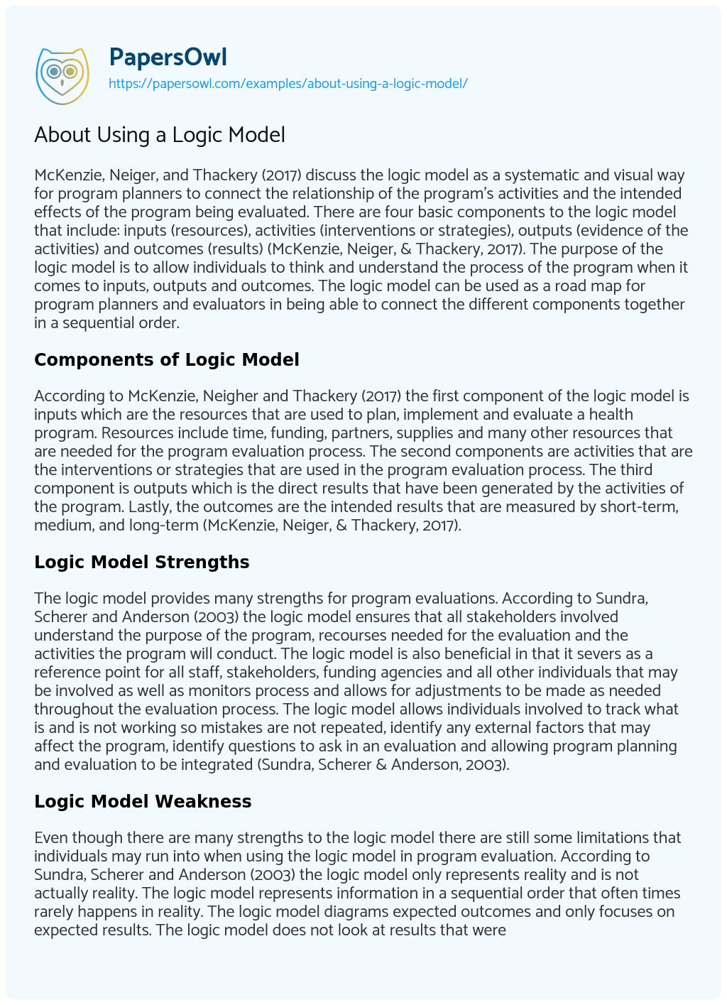 Essay on About Using a Logic Model