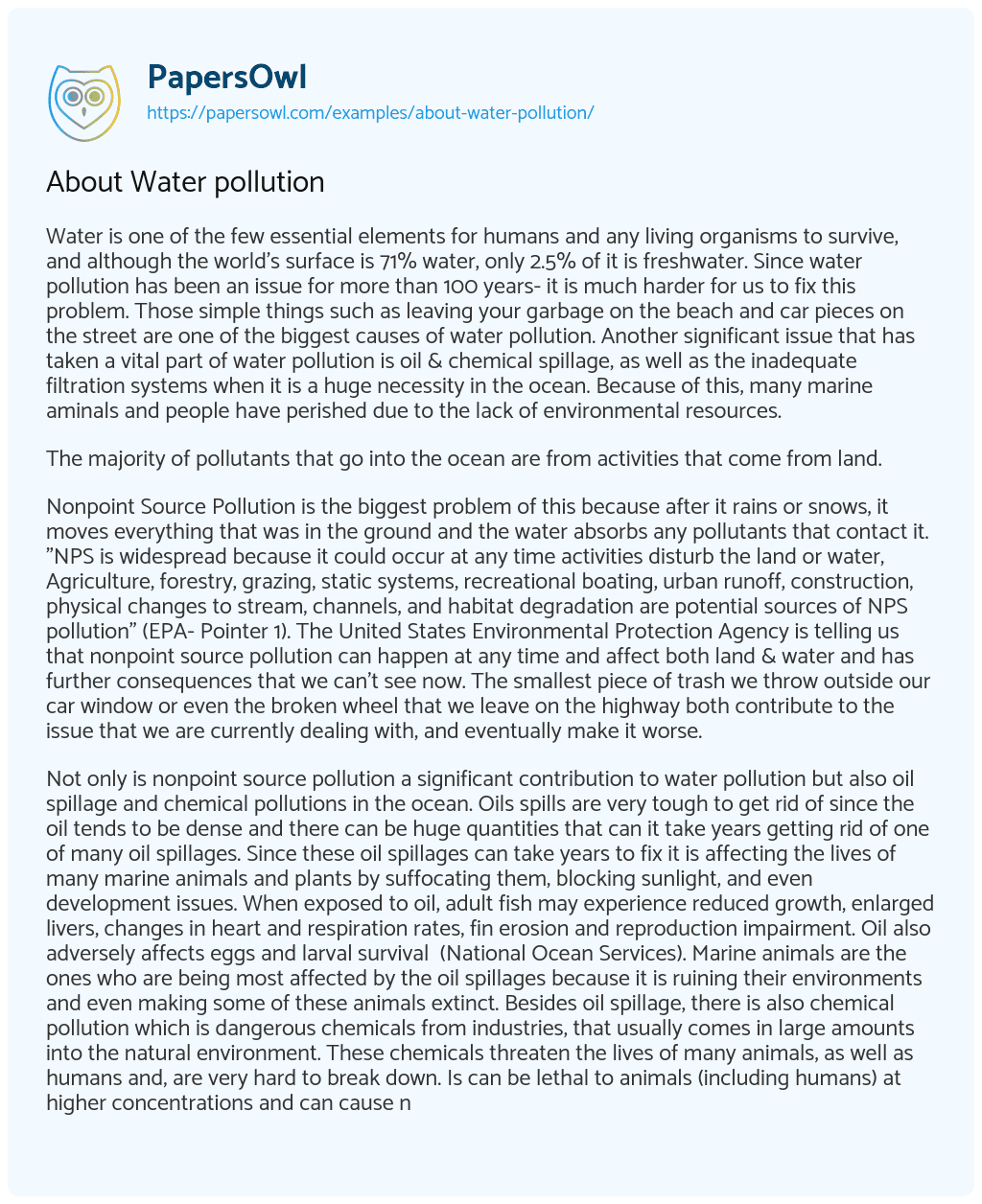About Water Pollution About Water Pollution essay