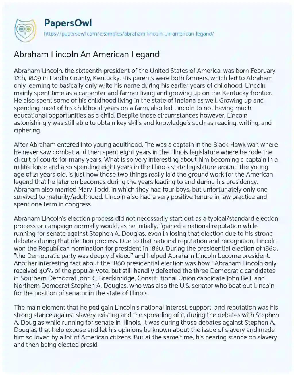 Essay on Abraham Lincoln an American Legand