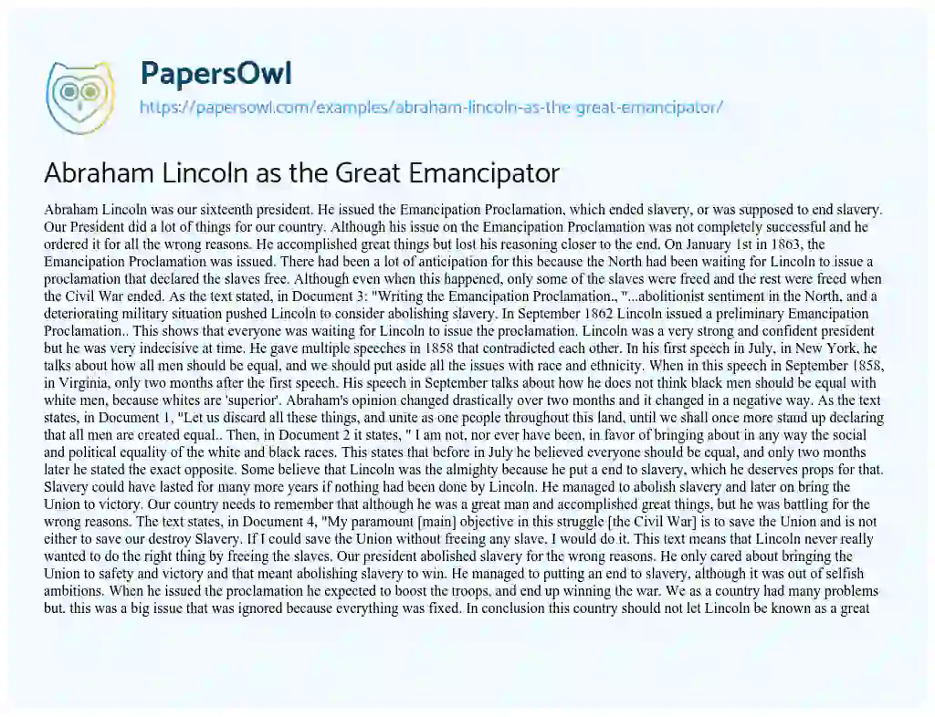 Essay on Abraham Lincoln as the Great Emancipator