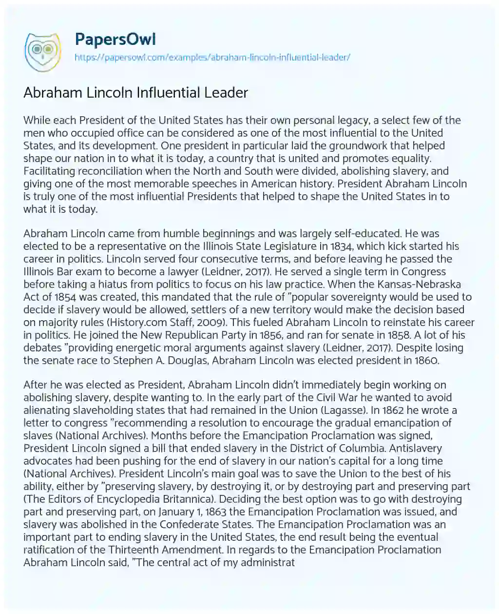 Essay on Abraham Lincoln Influential Leader